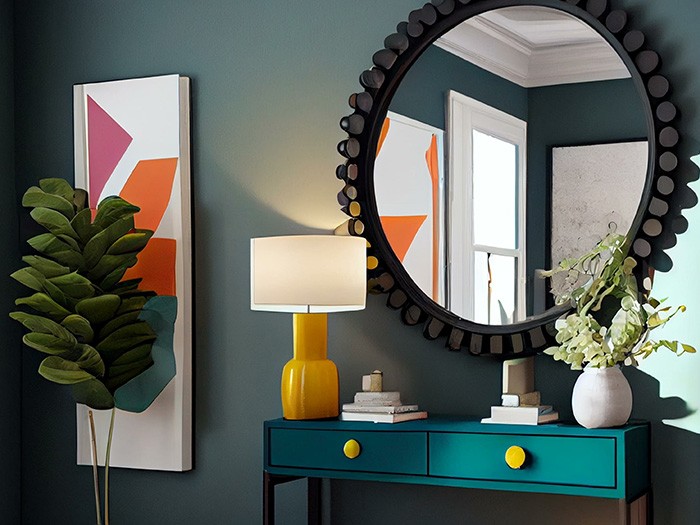 Dark green wall with plant and geometric artwork next to a green entryway table with an round black accent mirror.